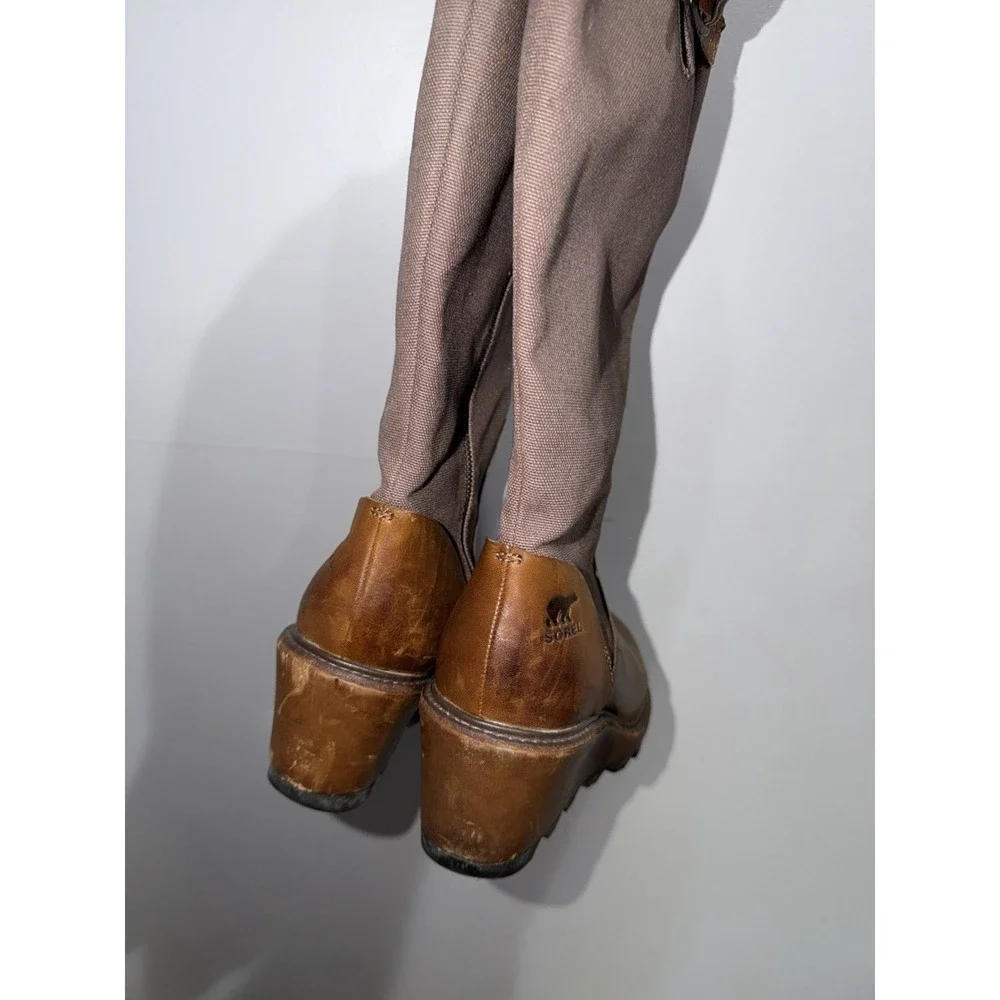 Women's 9.5 Sorel Cool Canvas Boots Brown Leather Knee High Wedge Side Zip‎ Tall